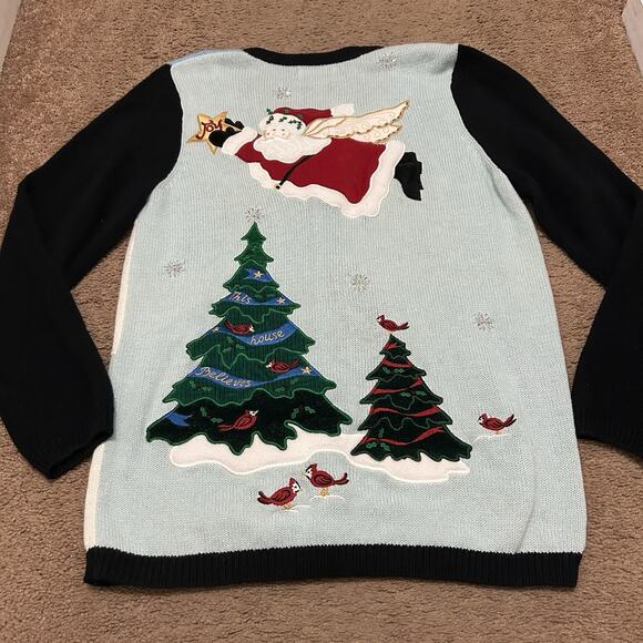 Quaker Factory Knit Christmas Cardigan Santa Angel Blue Black Size XL? *NO TAG - Picture 6 of 6
